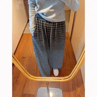 【张静芝】韩国新品~慵懒时髦黑灰撞色条纹松紧腰百搭阔腿休闲裤