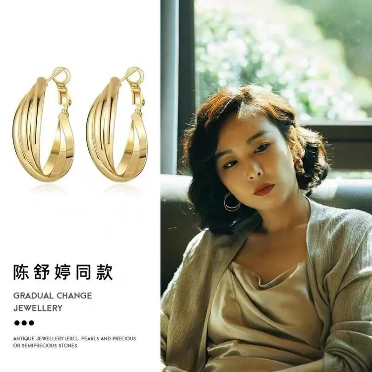 纯铜锆石耳饰 925银针狂飙大嫂陈书婷同款扭曲金属质感耳圈气质网