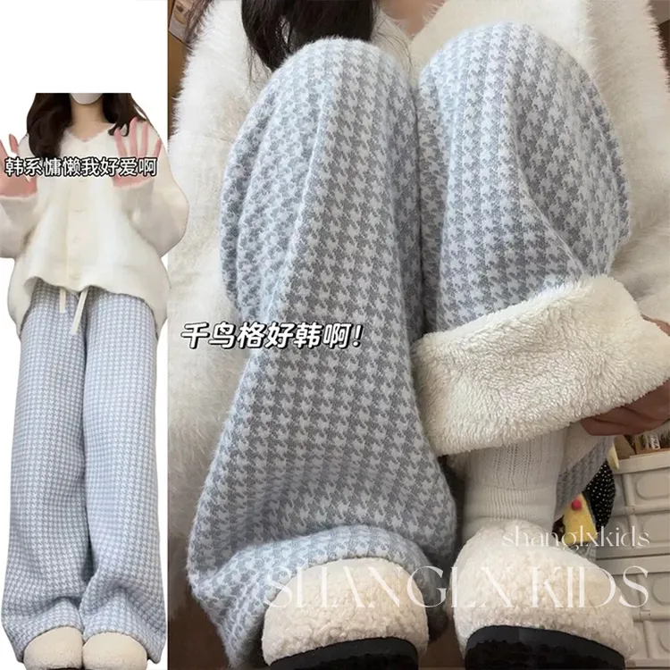 女童裤子2025新款今年流行爆款冬天加绒千鸟格儿童冬季大童羊驼绒