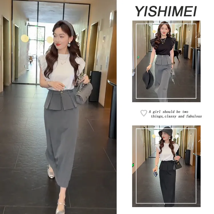 【现货】今年流行2025新款韩系简约百搭短袖上衣设计感半身裙套装