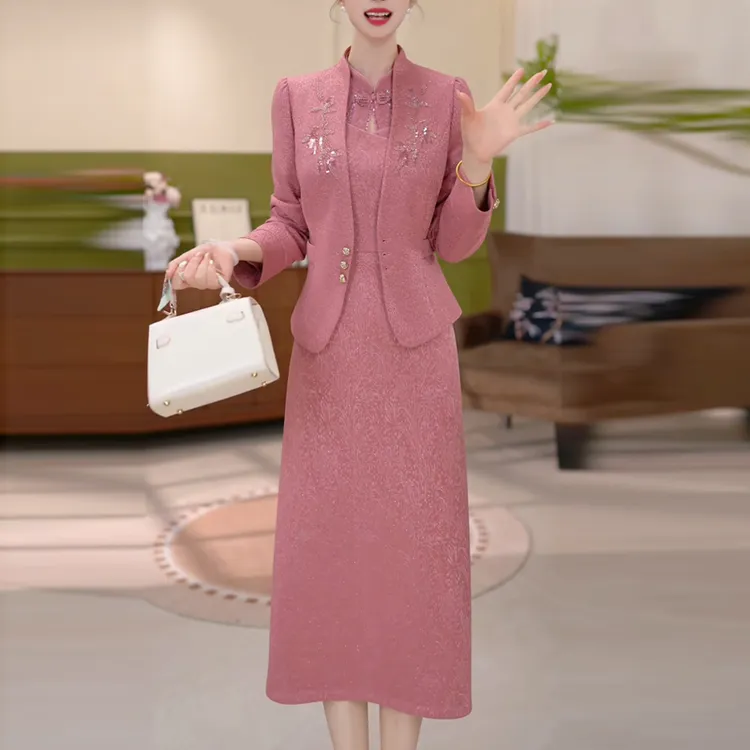 新中式时尚套装连衣裙女2025秋季新款中年妈妈显瘦遮肉两件套裙子