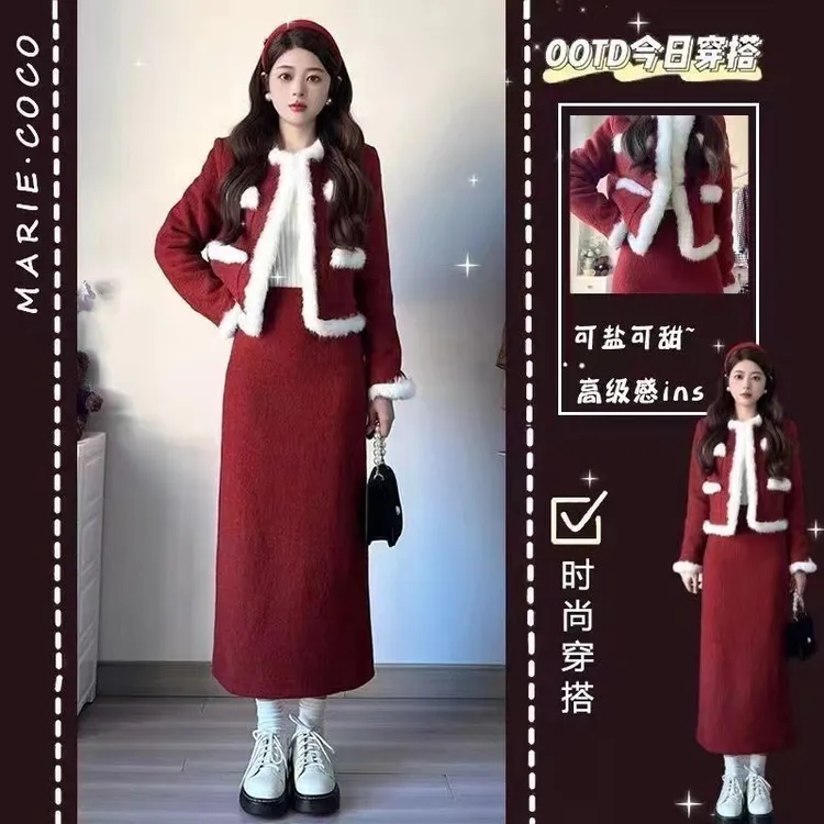 新款套装裙红色外套半身裙两件套小个子深秋冬装搭配一整套
