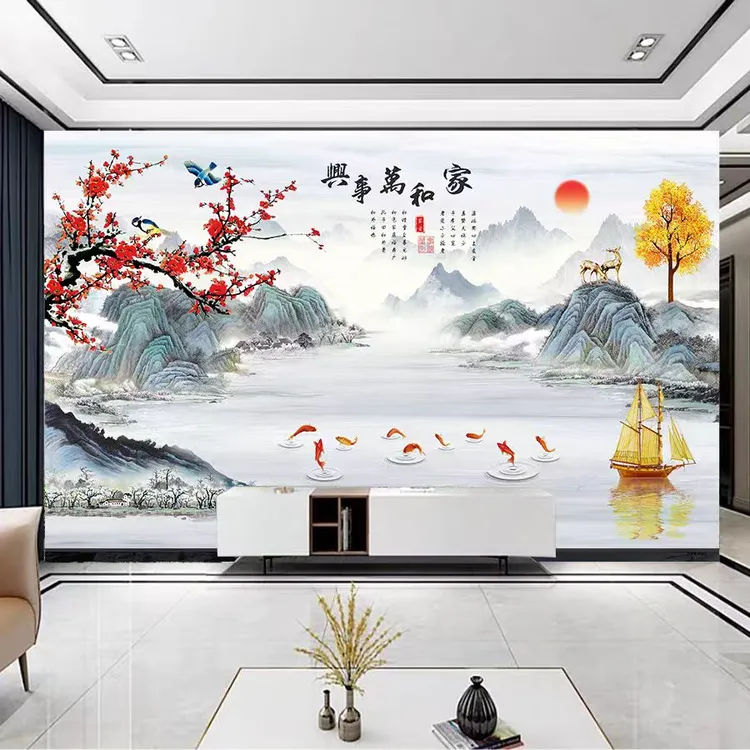家和万事兴中式3d立体背景墙壁画山水画壁布电视墙壁纸客厅墙布