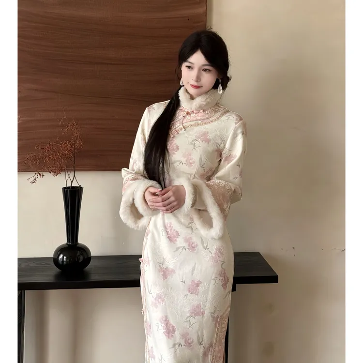 肆意【洛神赋】加厚显瘦印花厚款长袖针织水貂秋冬倒加绒大袖旗袍