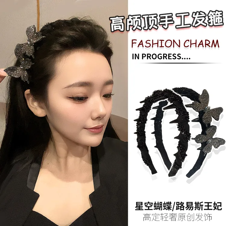 星光蝴蝶轻奢立体满钻繁星发箍齿梳气质小香风手工珠珠高颅顶发箍