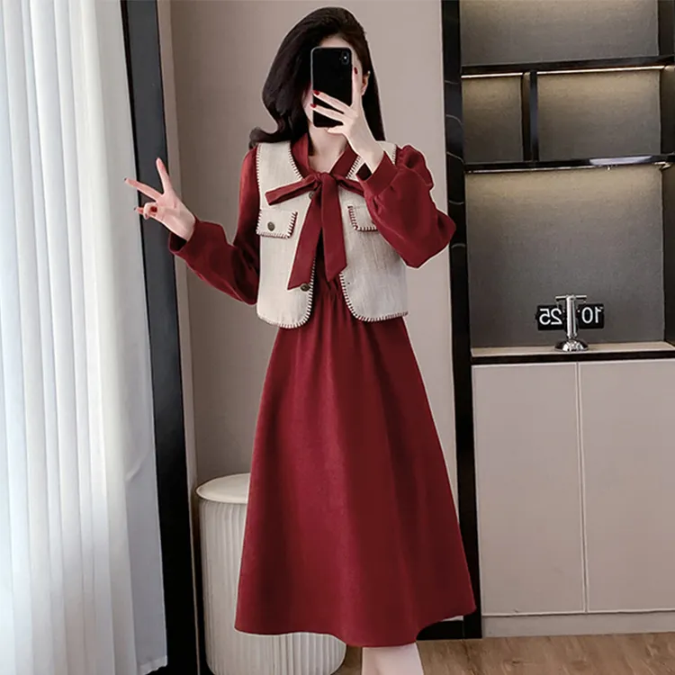 氛围感穿搭马甲红色衬衫连衣裙女2025春新款小香风两件套