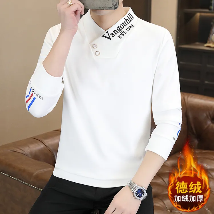 秋冬新款德绒假两件半高领男士打底衫秋冬长袖保暖上衣男中领