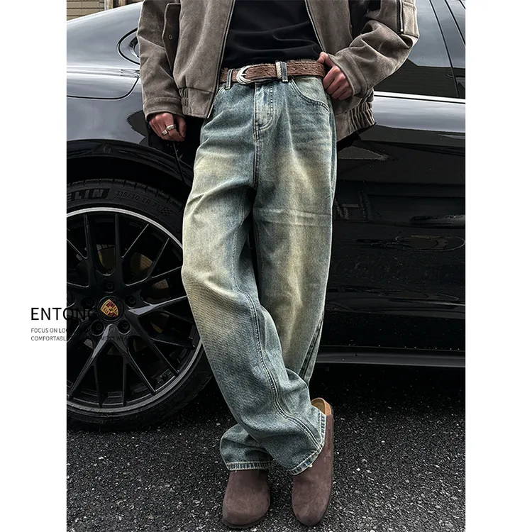 Entong美式复古水洗微喇牛仔裤男款宽松潮牌泥染痞帅裤子做旧长裤