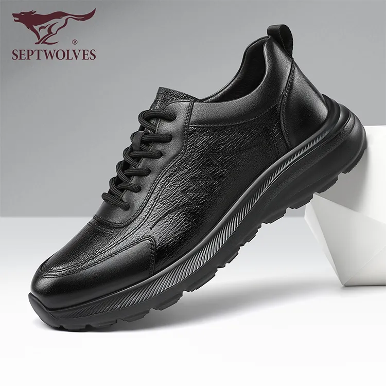 七匹狼头层牛皮革透气皮鞋男秋季2025新款黑色增高缓震休闲运动鞋