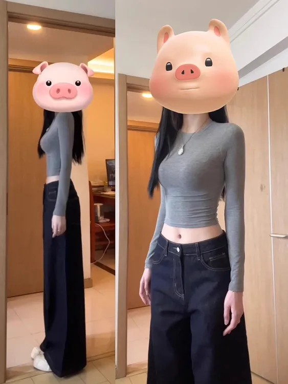辣妹修身长袖T恤女2025早秋内搭打底衫灰色紧身显瘦短款露脐上衣