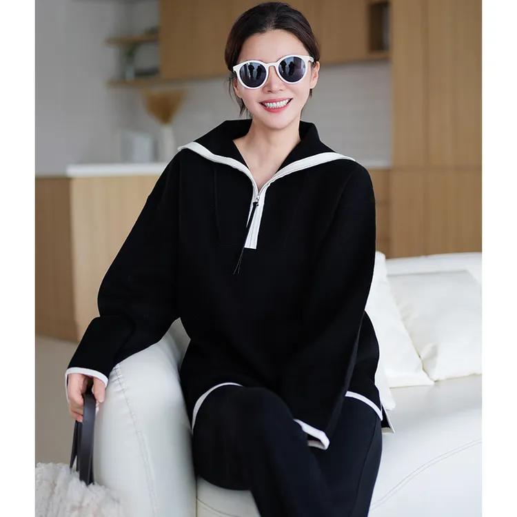 VESSI 金社长温域经典撞色抗起球半开襟落肩拉链卫衣