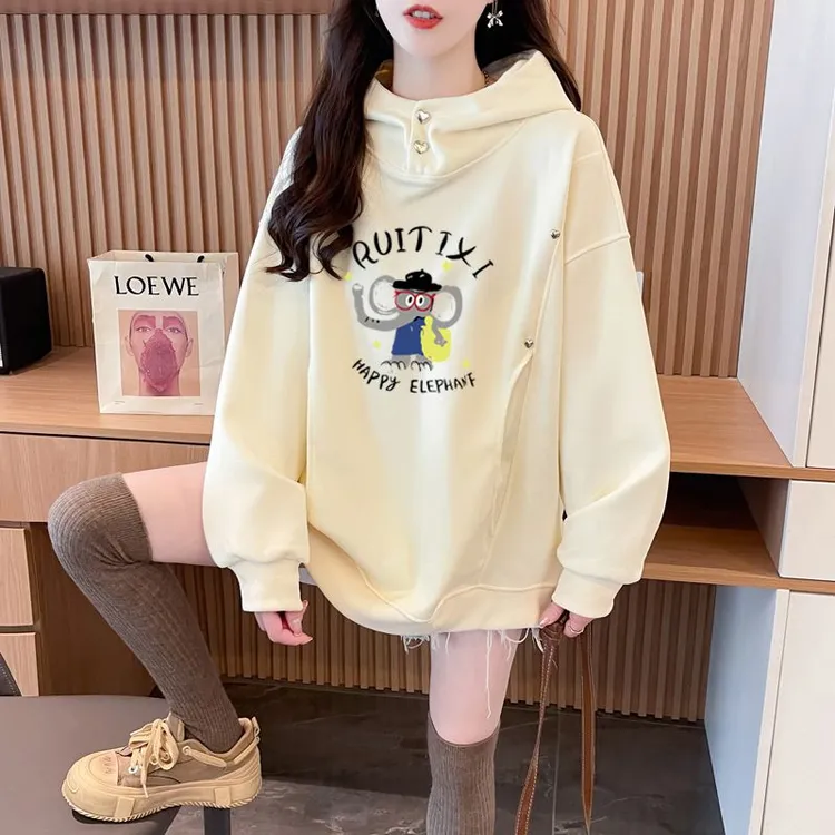 大码设计感印花连帽卫衣女秋季韩版胖MM宽松显瘦百搭时尚洋气上衣