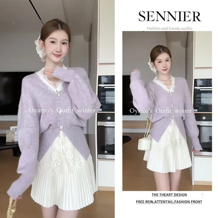 早春温柔系穿搭女2026新款洋气蕾丝内搭减龄针织衫百搭短裙三件套