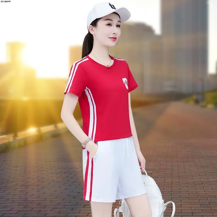 时尚短袖短裤运动套装女士夏季新款冰丝速干跑步宽松五分裤两件套