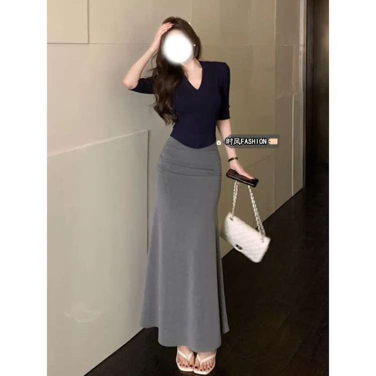 纯欲风v领上衣套装女夏季辣妹不规则半袖T恤高腰显瘦包臀半身长裙