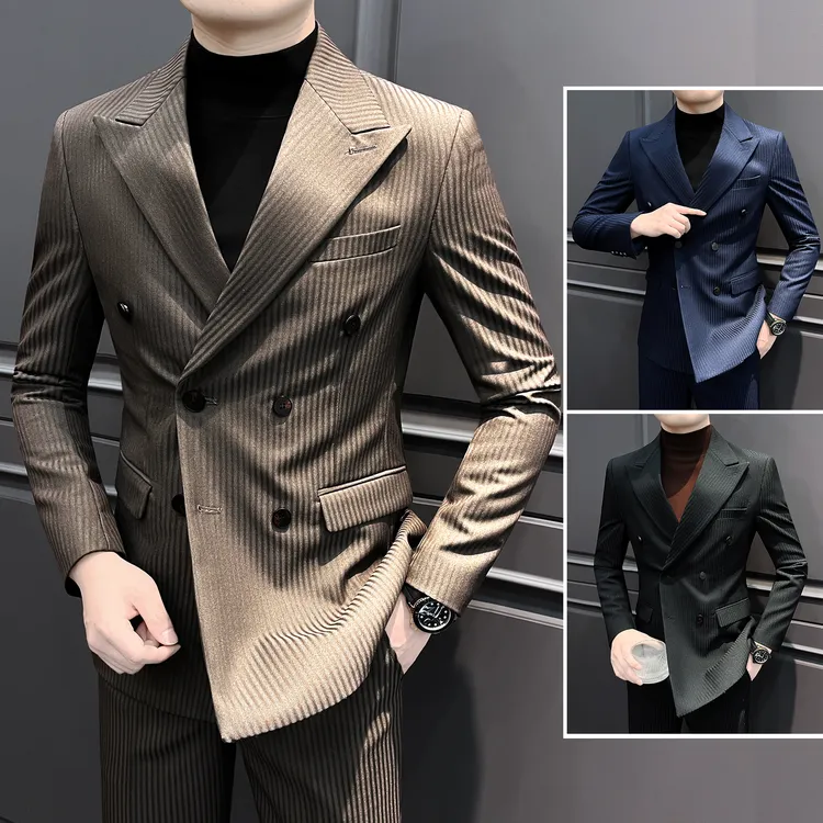 双排扣条纹休闲西装外套男款春秋英伦雅痞风格男装戗驳领男士西服