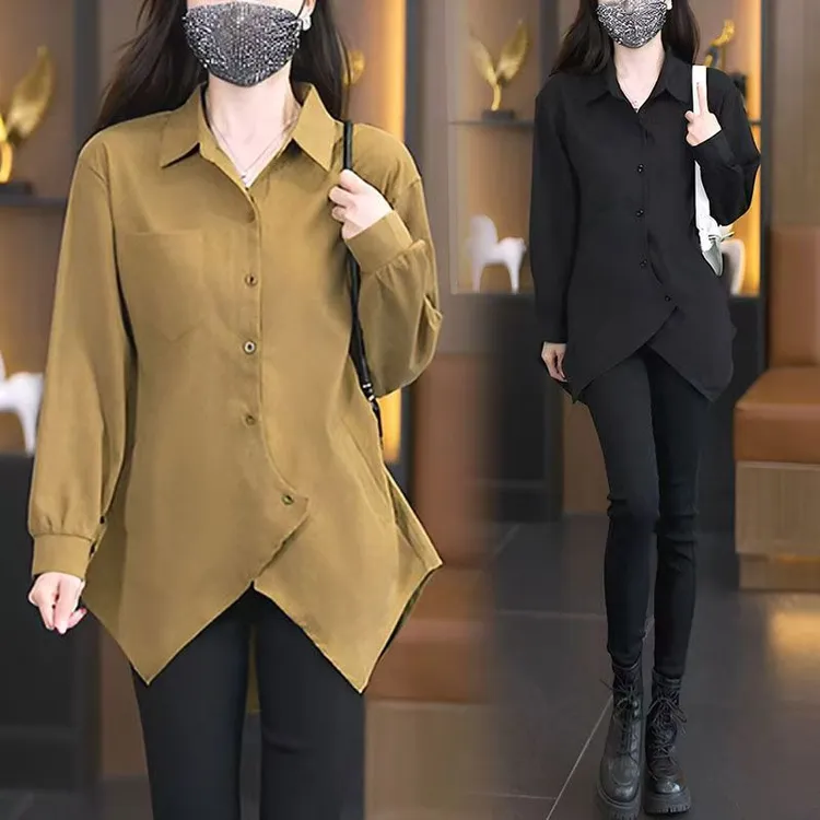 今年流行爆款不规则POLO领长袖衬衫女2025秋季新款宽松大码衬衣潮