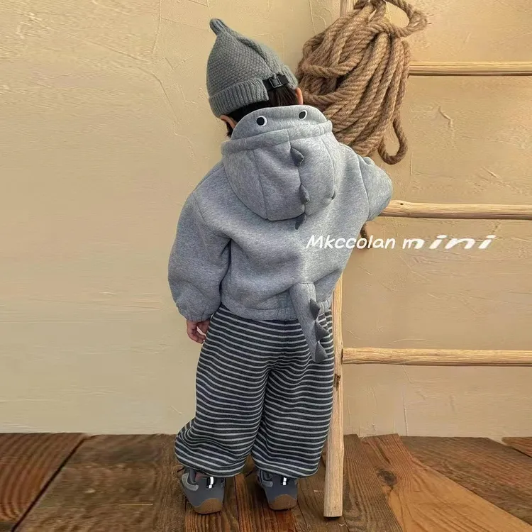 2025男童秋冬新款加绒卫衣套装恐龙外套条纹裤两件套男女宝休闲套