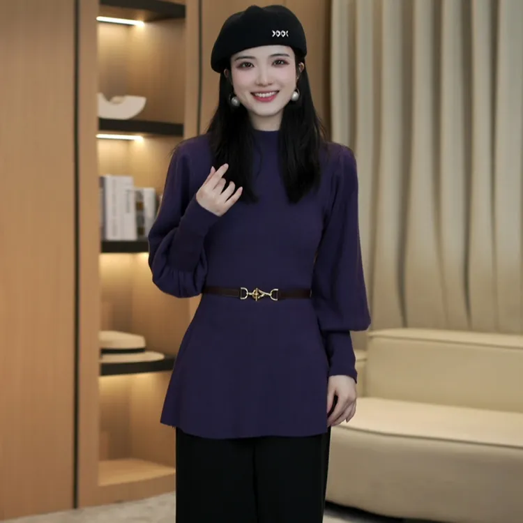 设计感纯欲加厚毛衣新款半高领灯笼袖针织衫上衣百搭上衣女I9-11