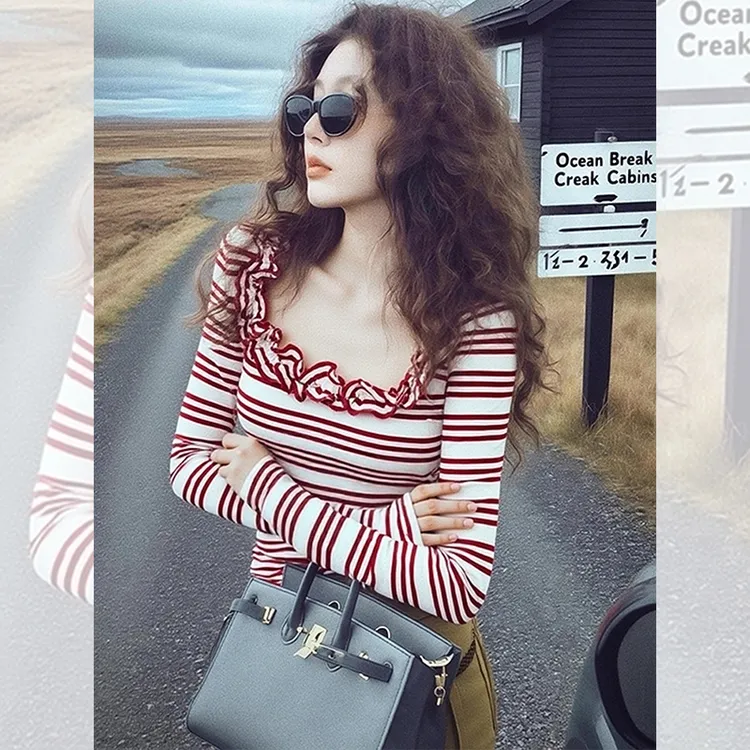 独特漂亮内搭红色条纹小衫女装秋冬打底长袖t恤洋气百搭花边上衣