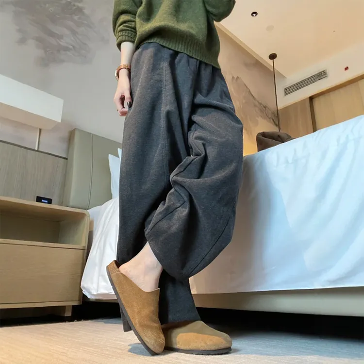 慵懒风灰色加绒毛呢裤大码女装秋冬胖妹妹mm宽松垂感阔腿休闲裤子