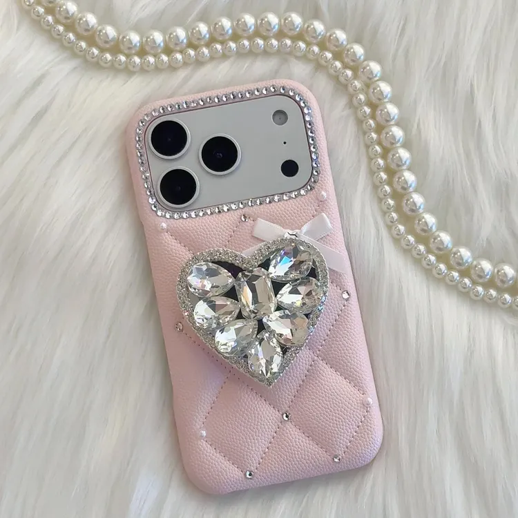 粉菱格闪钻支架适用于苹果iPhone17promax手机壳16皮纹15小香风