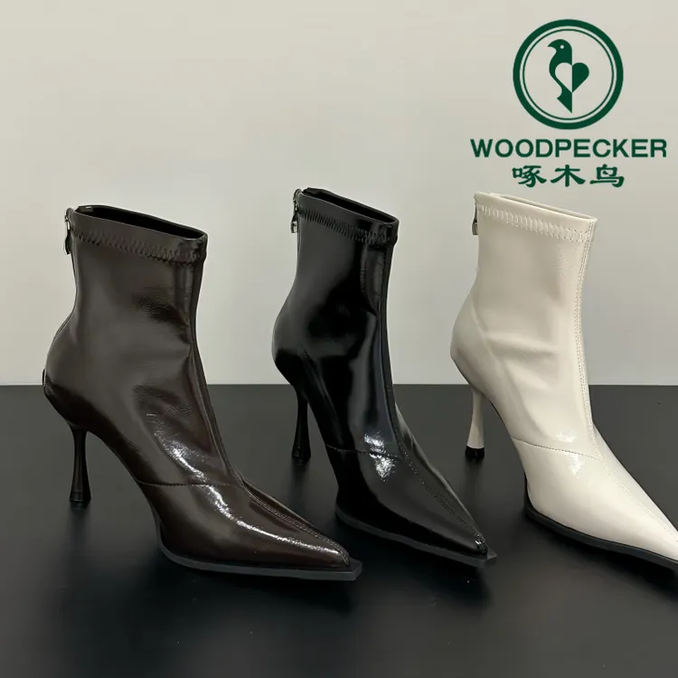 啄木鸟欧美范尖头细跟短靴女2025秋冬新款加绒高跟显瘦弹力瘦瘦靴