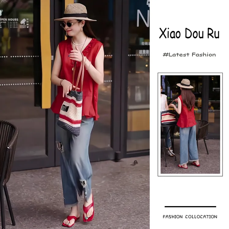 夏季流行穿搭一套新款2025港风气质复古无袖上衣破洞牛仔裤两件套