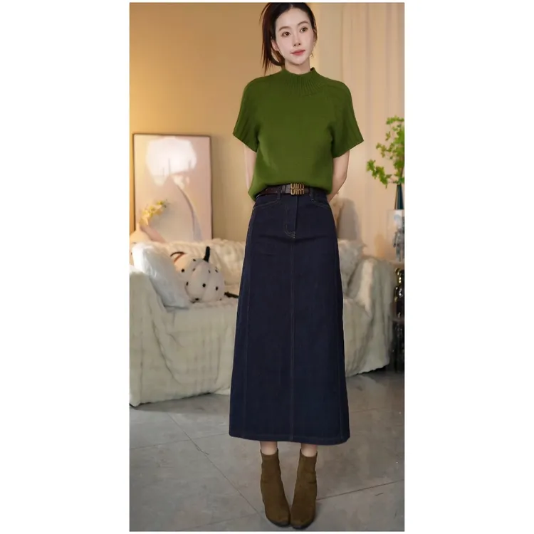 KK欧版 · 九分含羊毛A字裙 · 冬款后开叉高瘦牛仔长裙高腰百搭