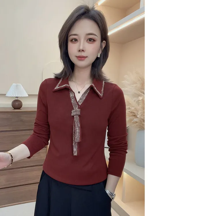 【惠子服饰】秋季时尚洋气新款简约翻领纯色烫钻百搭显瘦长袖T恤女