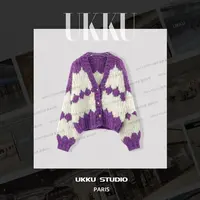 娟【UKKUSTUDIO】针织常规钩花V领毛衣轻奢紫色秋季气质娟314679