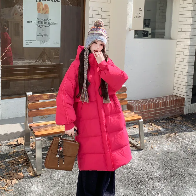 玫红色长款连帽羽绒服外套女冬季2025新款白鸭绒时尚超火气质绝美