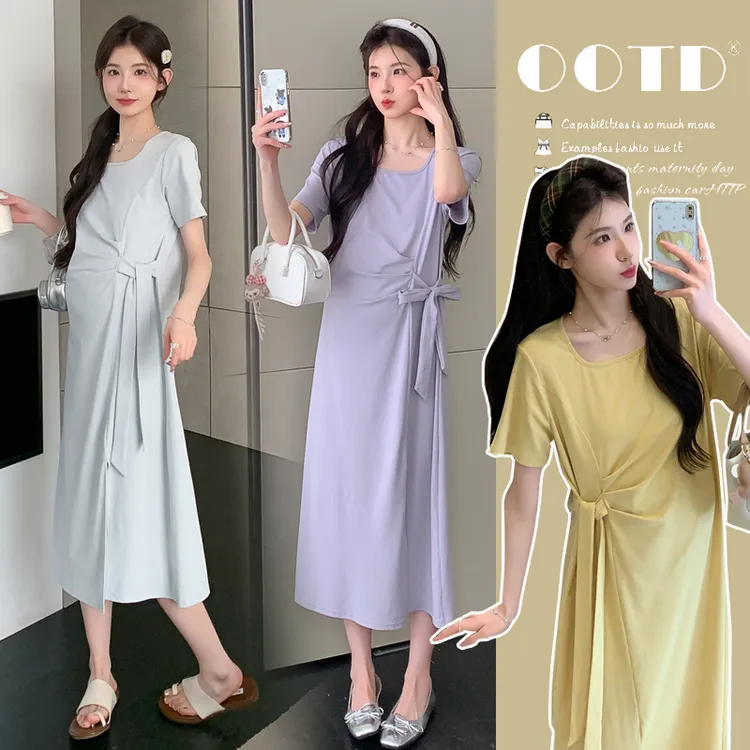 现货实拍~2025夏季孕妇简约经典方领修身系绳亲肤弹力连衣裙大码