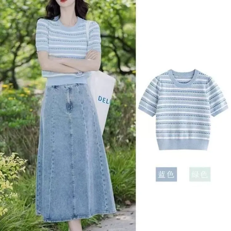 蓝色短袖针织衫t恤女夏季2025新款多巴胺穿搭设计感小众别致上衣