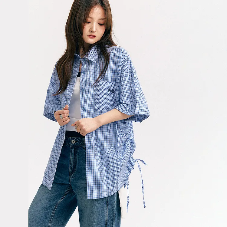 NO ONE ELSE美式复古女装夏季字母印花宽松短袖衬衣抽褶格子衬衫