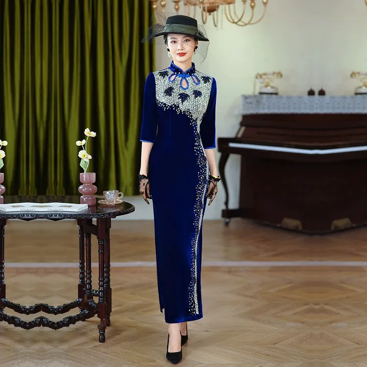 秋冬高贵气质金丝绒喜婆婆婚礼旗袍大码复古中年修身宴会结婚旗袍