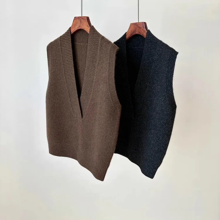 复古深V领针织马甲背心女春秋韩版百搭毛衣叠穿衬衫外搭无袖上衣