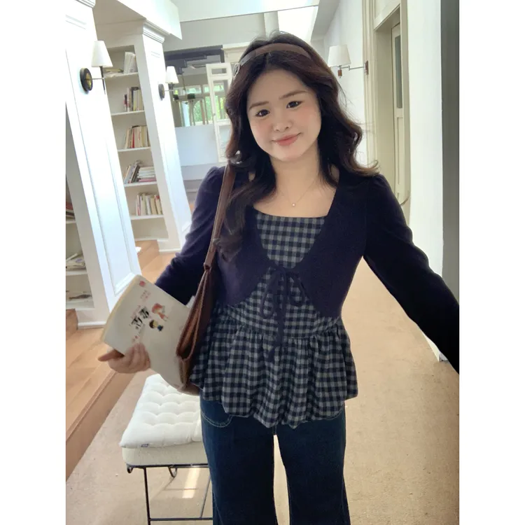 【格菱物语】大头婷微胖定制韩系格子背心拼接外套假两件上衣 ZX168