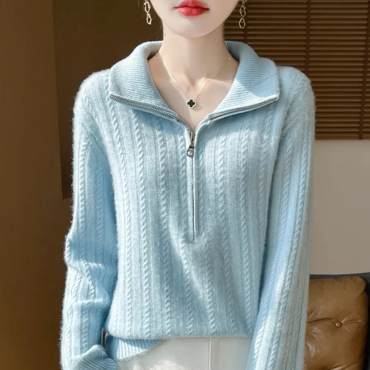 100纯羊绒衫女士冬季新款半拉链宽松加厚羊毛打底衫洋气针织毛衣