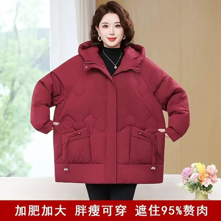 洋气常规款红色连帽女装保暖中长款妈妈装大码气质加肥加大冬季