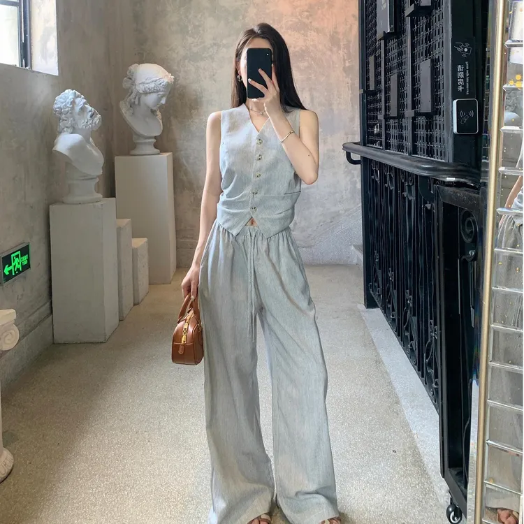 时尚气质套装女夏季新款竖条纹无袖马甲坎肩上衣高腰阔腿裤两件套