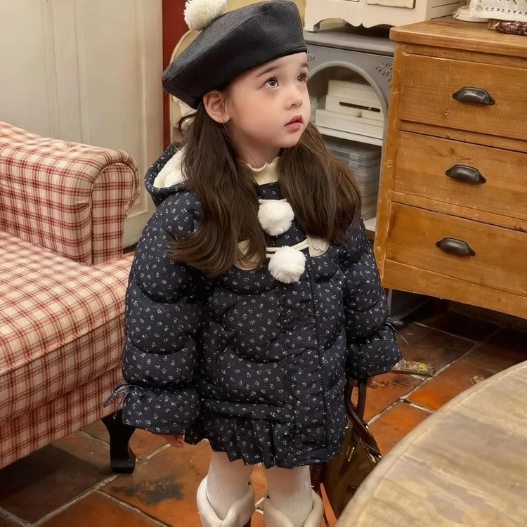 女童2025冬季新款韩版甜美碎花毛球扣连帽棉服厚外套棉衣冬装保暖