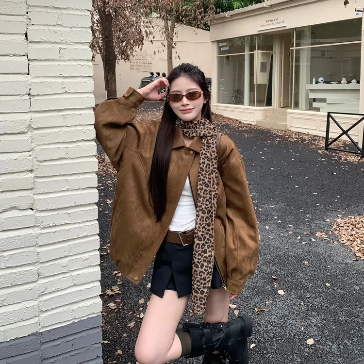 3MER 美拉德复古翻领夹克外套女秋冬新款韩系宽松皮衣