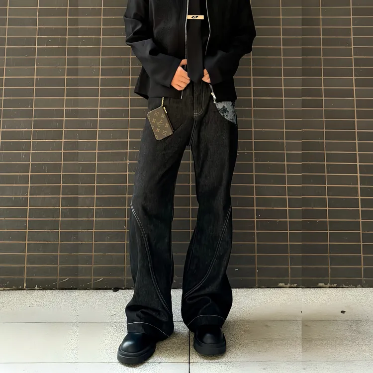 海王日记A字原牛个性硬挺激光烧花提花拼接直筒显高牛仔裤