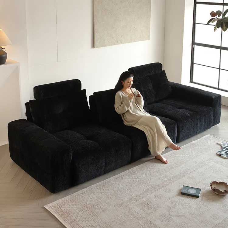 功能像素摩图雪尼尔直排三人可调节靠背前后移动黑色魔图像素沙发