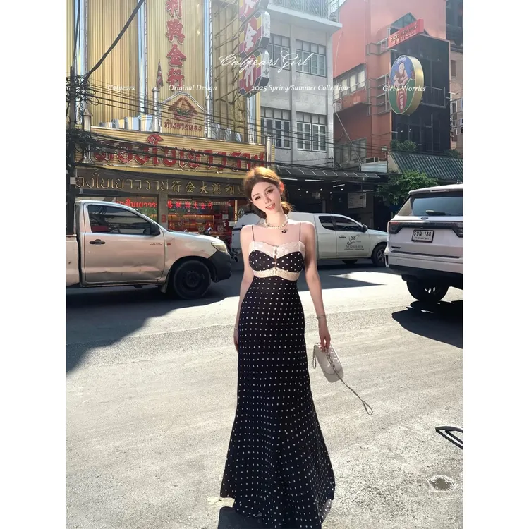 【现货+运补 】法式复古波点气质长裙早秋内搭设计感蕾丝显瘦连衣裙