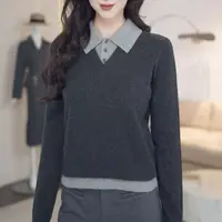 商场同款女装2025新款时尚百搭翻领撞色v领套头长袖针织衫138108