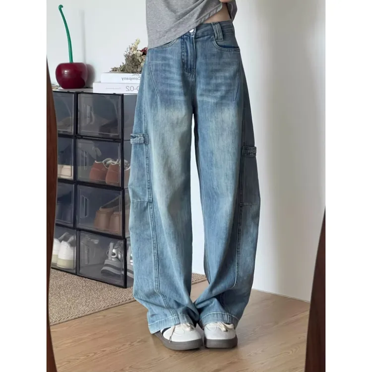 美式设计感拼接水洗弯刀牛仔裤女夏季显瘦百搭磨白宽松阔腿长裤子