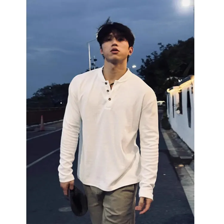 纯白色亨利领正肩长袖T恤男美式华夫格重磅Polo领内搭重磅打底衫