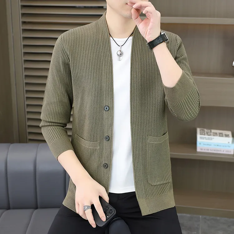 高档时尚V领长袖开衫外套男士秋季潮流针织衫毛衣品质男装25836